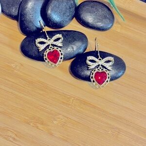 Red Heart and Bow Earrings 14K laminated gold